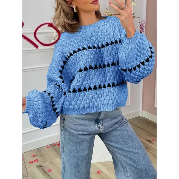 imageSaodimallsu Womens Oversized Sweaters Striped Long Lantern Sleeve Crew Neck Fall Trendy Knit Pullover SweaterBlue