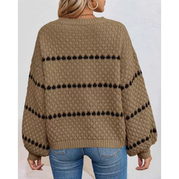 imageSaodimallsu Womens Oversized Sweaters Striped Long Lantern Sleeve Crew Neck Fall Trendy Knit Pullover SweaterBrown