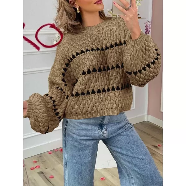 imageSaodimallsu Womens Oversized Sweaters Striped Long Lantern Sleeve Crew Neck Fall Trendy Knit Pullover SweaterBrown