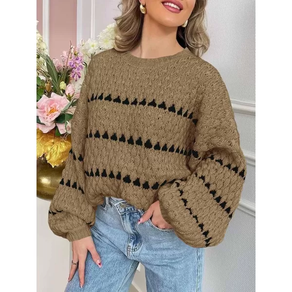 imageSaodimallsu Womens Oversized Sweaters Striped Long Lantern Sleeve Crew Neck Fall Trendy Knit Pullover SweaterBrown