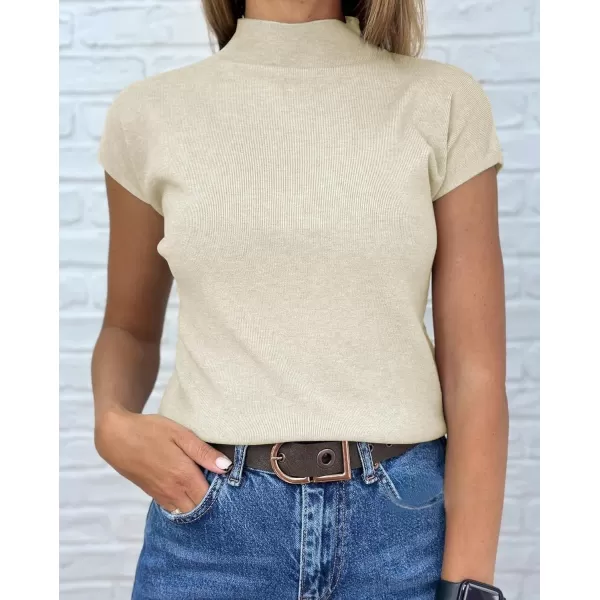 imageSaodimallsu Womens Short Sleeve Sweater Mock Neck Summer Casual Basic Knit Slim Fitted Pullover Tops Shirt WhiteApricot