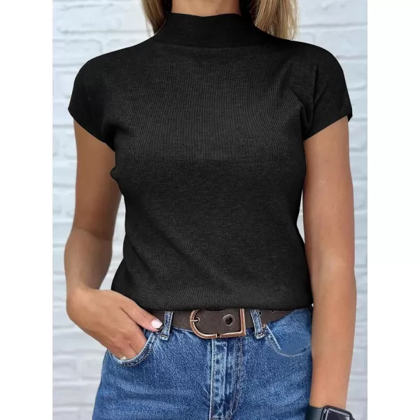 imageSaodimallsu Womens Short Sleeve Sweater Mock Neck Summer Casual Basic Knit Slim Fitted Pullover Tops Shirt WhiteBlack