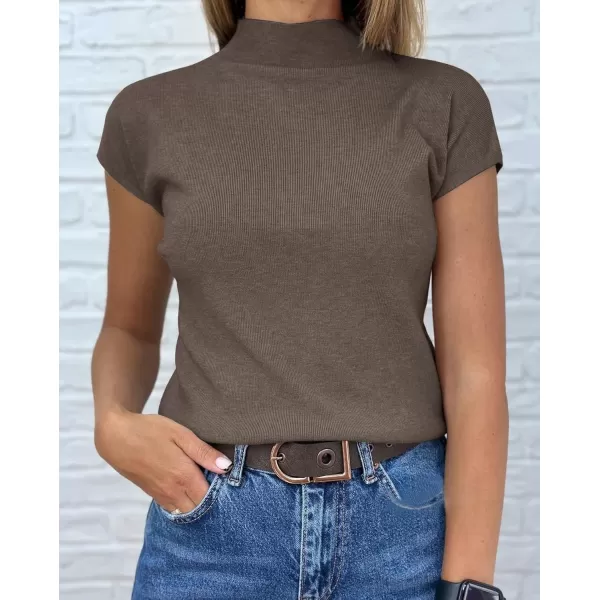 imageSaodimallsu Womens Short Sleeve Sweater Mock Neck Summer Casual Basic Knit Slim Fitted Pullover Tops Shirt WhiteCoffee