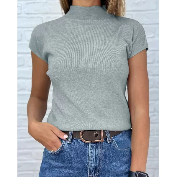 imageSaodimallsu Womens Short Sleeve Sweater Mock Neck Summer Casual Basic Knit Slim Fitted Pullover Tops Shirt WhiteGrey