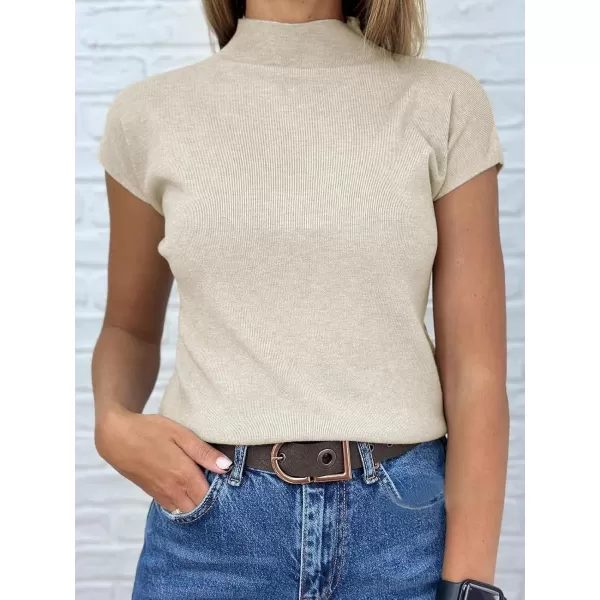 imageSaodimallsu Womens Short Sleeve Sweater Mock Neck Summer Casual Basic Knit Slim Fitted Pullover Tops Shirt WhiteKhaki