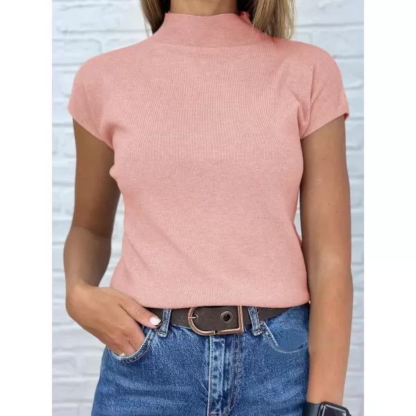 imageSaodimallsu Womens Short Sleeve Sweater Mock Neck Summer Casual Basic Knit Slim Fitted Pullover Tops Shirt WhitePink