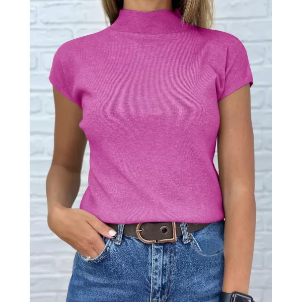 imageSaodimallsu Womens Short Sleeve Sweater Mock Neck Summer Casual Basic Knit Slim Fitted Pullover Tops Shirt WhiteRose Red