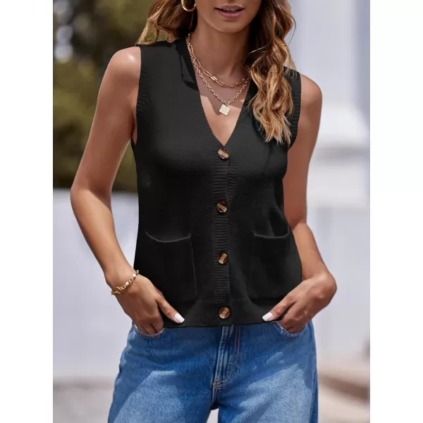 imageSaodimallsu Womens Sleeveless Sweater Vest Button V Neck Knit Trendy Casual Summer Cardigan with PocketsBlack