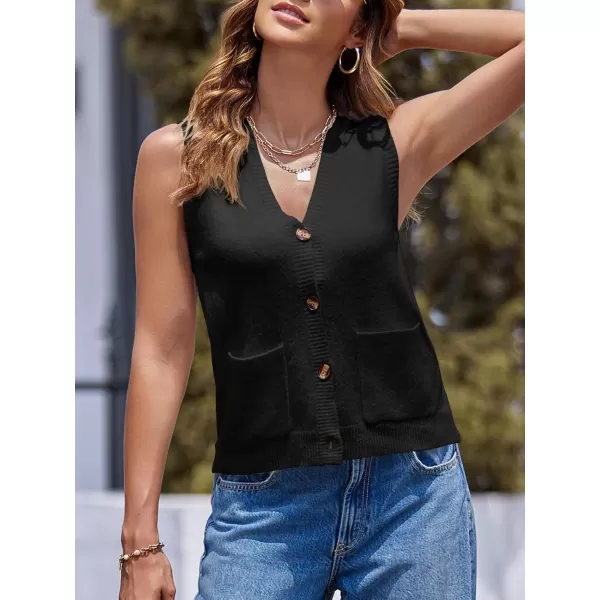 imageSaodimallsu Womens Sleeveless Sweater Vest Button V Neck Knit Trendy Casual Summer Cardigan with PocketsBlack