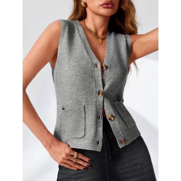 imageSaodimallsu Womens Sleeveless Sweater Vest Button V Neck Knit Trendy Casual Summer Cardigan with PocketsGrey