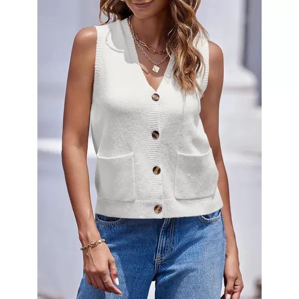 imageSaodimallsu Womens Sleeveless Sweater Vest Button V Neck Knit Trendy Casual Summer Cardigan with PocketsWhite