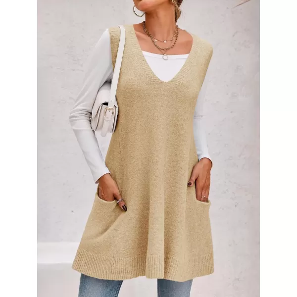 imageSaodimallsu Womens Sleeveless Sweater Vest V Neck Loose Knit Casual A Line Flattering Tunic Top with PocketsBeige