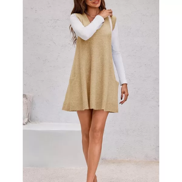 imageSaodimallsu Womens Sleeveless Sweater Vest V Neck Loose Knit Casual A Line Flattering Tunic Top with PocketsBeige