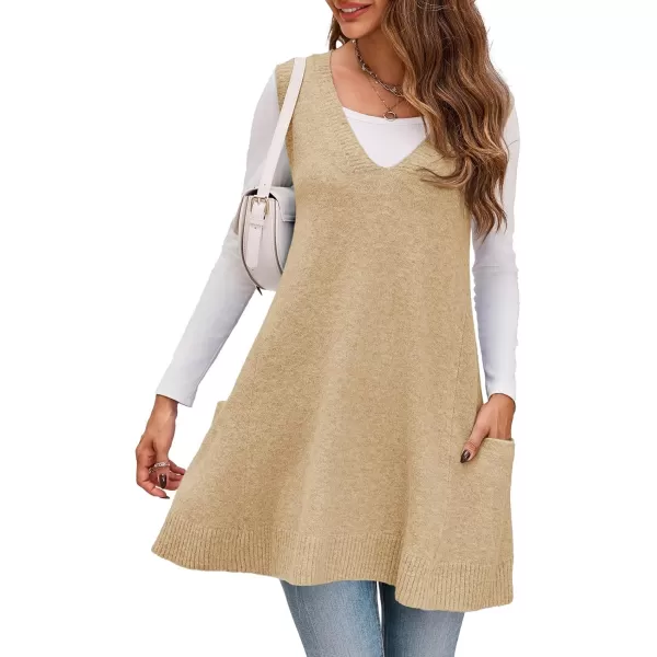 imageSaodimallsu Womens Sleeveless Sweater Vest V Neck Loose Knit Casual A Line Flattering Tunic Top with PocketsBeige