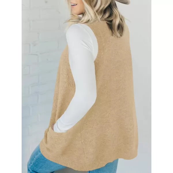 imageSaodimallsu Womens Sleeveless Sweater Vest V Neck Loose Knit Casual A Line Flattering Tunic Top with PocketsBeige