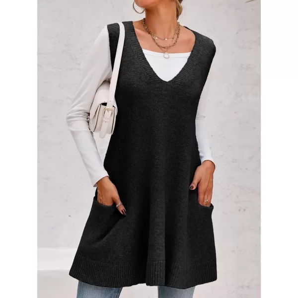 imageSaodimallsu Womens Sleeveless Sweater Vest V Neck Loose Knit Casual A Line Flattering Tunic Top with PocketsBlack