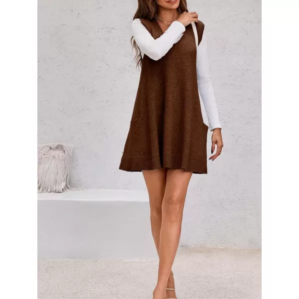 imageSaodimallsu Womens Sleeveless Sweater Vest V Neck Loose Knit Casual A Line Flattering Tunic Top with PocketsBrown