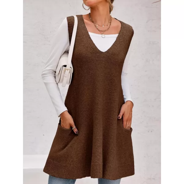 imageSaodimallsu Womens Sleeveless Sweater Vest V Neck Loose Knit Casual A Line Flattering Tunic Top with PocketsBrown