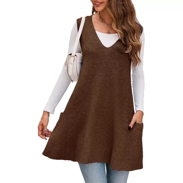 imageSaodimallsu Womens Sleeveless Sweater Vest V Neck Loose Knit Casual A Line Flattering Tunic Top with PocketsBrown