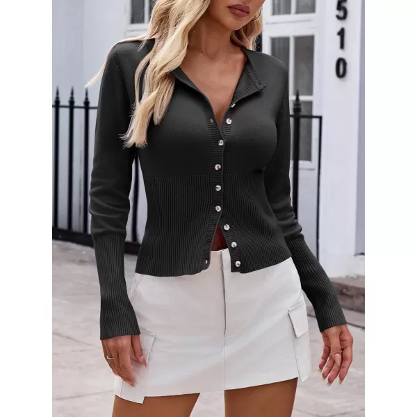 imageSaodimallsu Womens Slim Fit Cardigan Sweaters Sexy Button Crew Neck Fall Trendy Knit Long Sleeve Soft Open Front TopsBlack