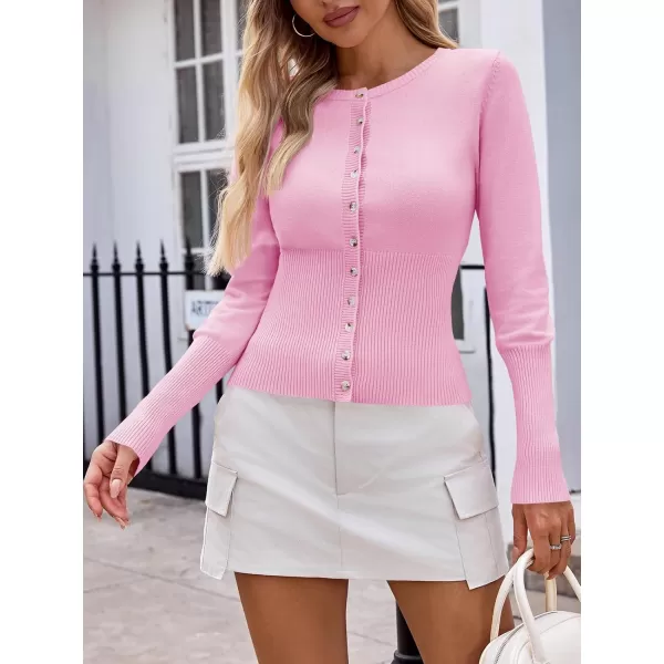 imageSaodimallsu Womens Slim Fit Cardigan Sweaters Sexy Button Crew Neck Fall Trendy Knit Long Sleeve Soft Open Front TopsPink