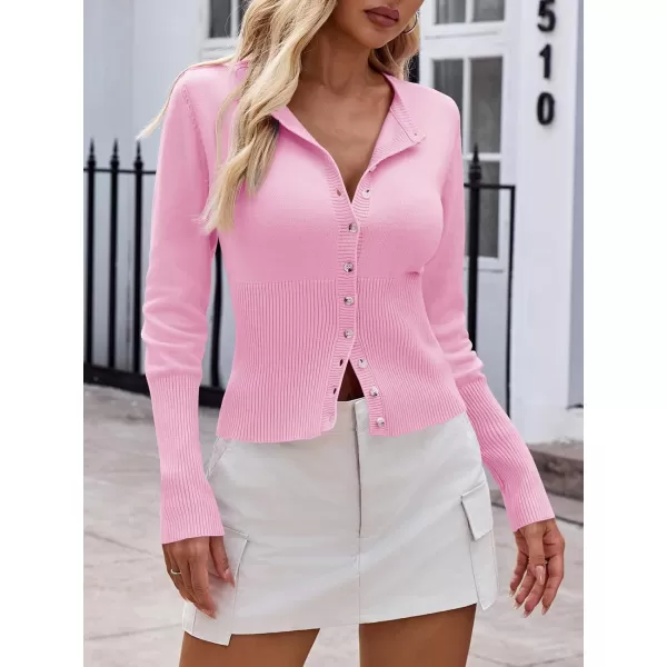 imageSaodimallsu Womens Slim Fit Cardigan Sweaters Sexy Button Crew Neck Fall Trendy Knit Long Sleeve Soft Open Front TopsPink