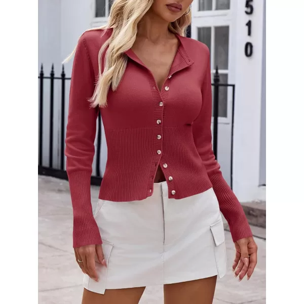 imageSaodimallsu Womens Slim Fit Cardigan Sweaters Sexy Button Crew Neck Fall Trendy Knit Long Sleeve Soft Open Front TopsWine Red