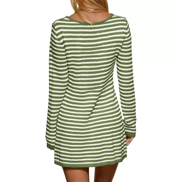 imageSaodimallsu Womens Striped Pullover Sweater Crew Neck Fall Long Sleeve Trendy Casual Ribbed Knit Tunic Mini DressArmy Green