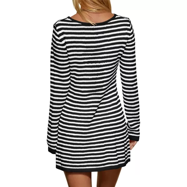 imageSaodimallsu Womens Striped Pullover Sweater Crew Neck Fall Long Sleeve Trendy Casual Ribbed Knit Tunic Mini DressBlack