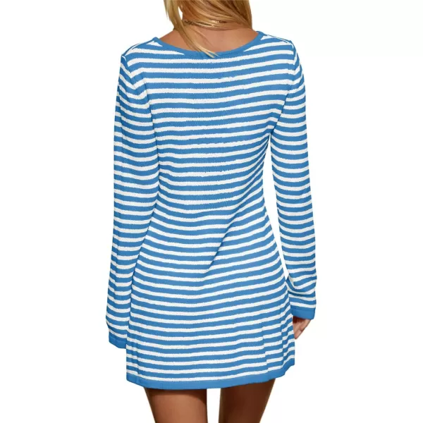 imageSaodimallsu Womens Striped Pullover Sweater Crew Neck Fall Long Sleeve Trendy Casual Ribbed Knit Tunic Mini DressBlue