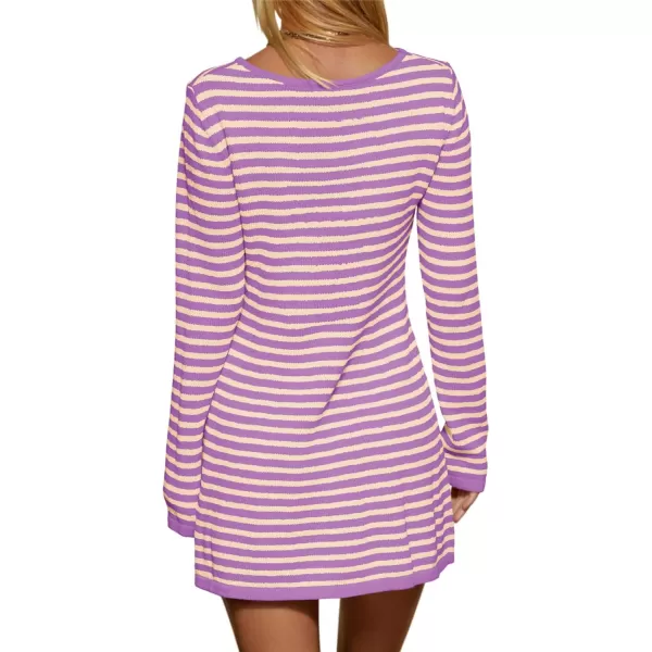 imageSaodimallsu Womens Striped Pullover Sweater Crew Neck Fall Long Sleeve Trendy Casual Ribbed Knit Tunic Mini DressPurple