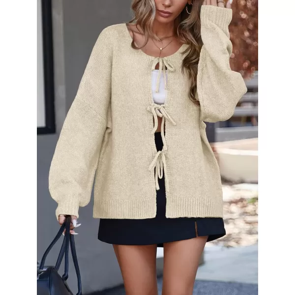 imageSaodimallsu Womens Tie Front Cardigan Sweaters Cute Bow Puff Long Sleeve 2024 Fall Loose Ribbed Knit Trendy Sweater TopsApricot