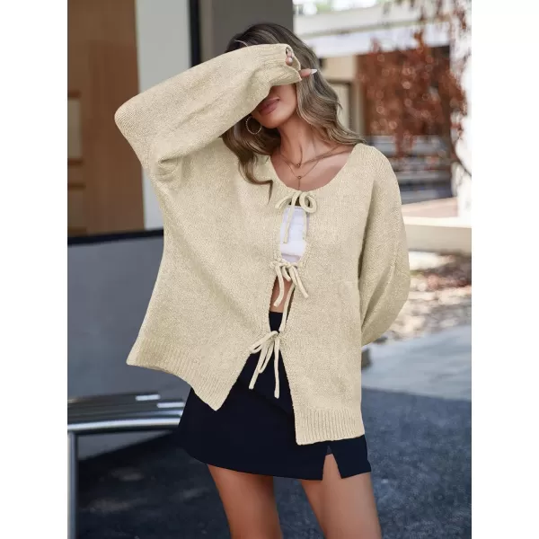 imageSaodimallsu Womens Tie Front Cardigan Sweaters Cute Bow Puff Long Sleeve 2024 Fall Loose Ribbed Knit Trendy Sweater TopsApricot