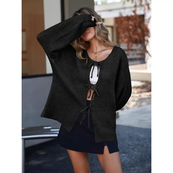 imageSaodimallsu Womens Tie Front Cardigan Sweaters Cute Bow Puff Long Sleeve 2024 Fall Loose Ribbed Knit Trendy Sweater TopsBlack