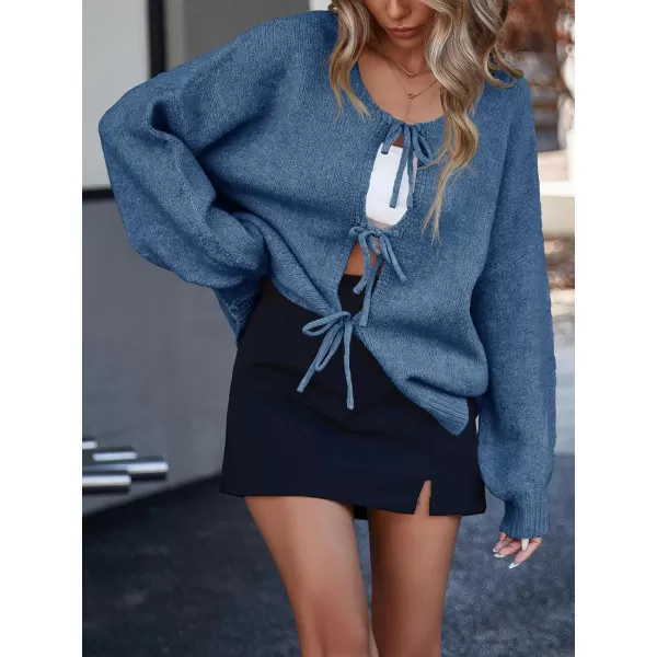 imageSaodimallsu Womens Tie Front Cardigan Sweaters Cute Bow Puff Long Sleeve 2024 Fall Loose Ribbed Knit Trendy Sweater TopsBlue