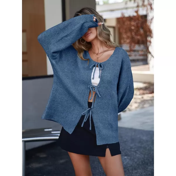 imageSaodimallsu Womens Tie Front Cardigan Sweaters Cute Bow Puff Long Sleeve 2024 Fall Loose Ribbed Knit Trendy Sweater TopsBlue