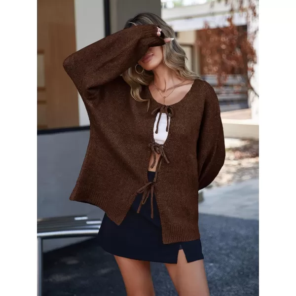 imageSaodimallsu Womens Tie Front Cardigan Sweaters Cute Bow Puff Long Sleeve 2024 Fall Loose Ribbed Knit Trendy Sweater TopsBrown