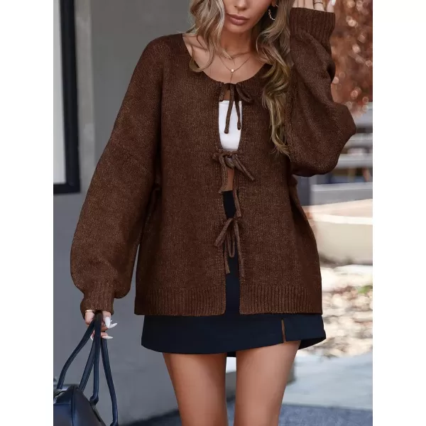 imageSaodimallsu Womens Tie Front Cardigan Sweaters Cute Bow Puff Long Sleeve 2024 Fall Loose Ribbed Knit Trendy Sweater TopsBrown