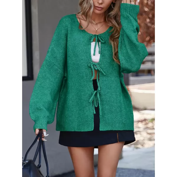 imageSaodimallsu Womens Tie Front Cardigan Sweaters Cute Bow Puff Long Sleeve 2024 Fall Loose Ribbed Knit Trendy Sweater TopsGreen