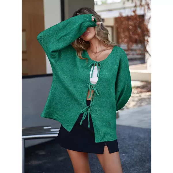 imageSaodimallsu Womens Tie Front Cardigan Sweaters Cute Bow Puff Long Sleeve 2024 Fall Loose Ribbed Knit Trendy Sweater TopsGreen