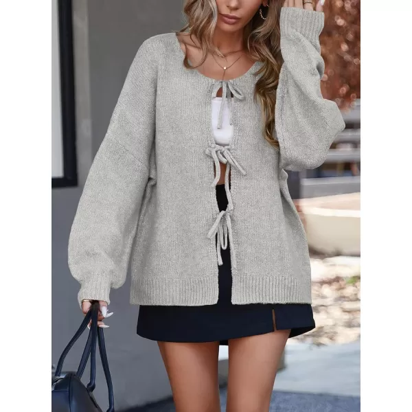 imageSaodimallsu Womens Tie Front Cardigan Sweaters Cute Bow Puff Long Sleeve 2024 Fall Loose Ribbed Knit Trendy Sweater TopsGrey