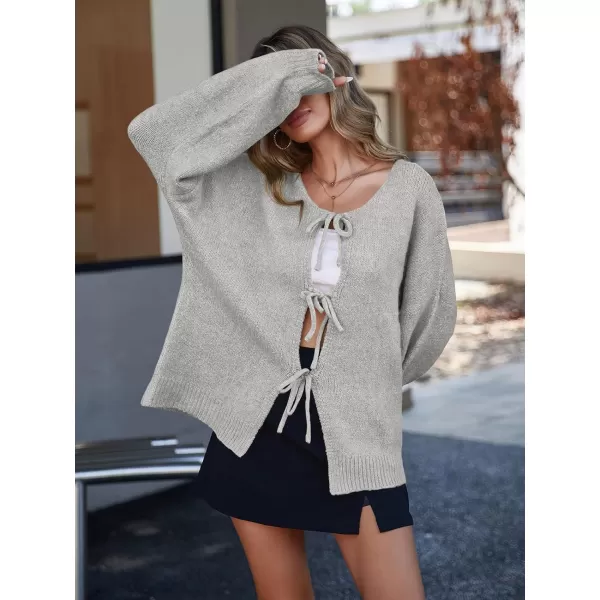 imageSaodimallsu Womens Tie Front Cardigan Sweaters Cute Bow Puff Long Sleeve 2024 Fall Loose Ribbed Knit Trendy Sweater TopsGrey