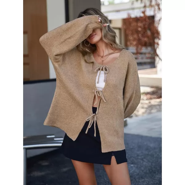 imageSaodimallsu Womens Tie Front Cardigan Sweaters Cute Bow Puff Long Sleeve 2024 Fall Loose Ribbed Knit Trendy Sweater TopsKhaki