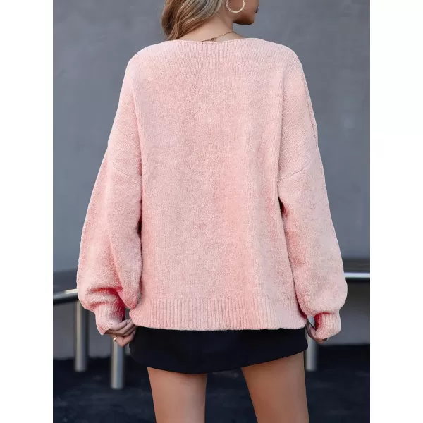 imageSaodimallsu Womens Tie Front Cardigan Sweaters Cute Bow Puff Long Sleeve 2024 Fall Loose Ribbed Knit Trendy Sweater TopsPink