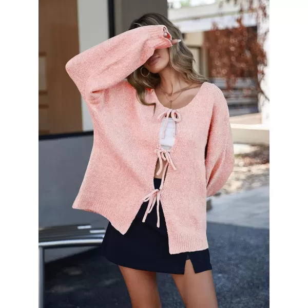 imageSaodimallsu Womens Tie Front Cardigan Sweaters Cute Bow Puff Long Sleeve 2024 Fall Loose Ribbed Knit Trendy Sweater TopsPink