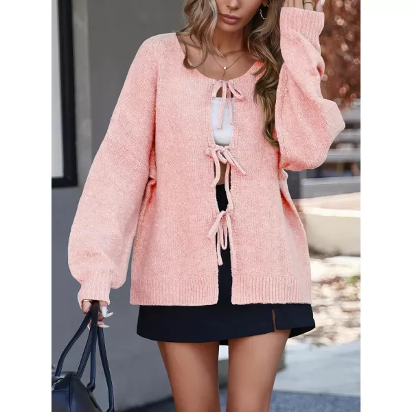 imageSaodimallsu Womens Tie Front Cardigan Sweaters Cute Bow Puff Long Sleeve 2024 Fall Loose Ribbed Knit Trendy Sweater TopsPink