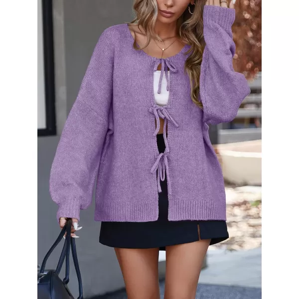 imageSaodimallsu Womens Tie Front Cardigan Sweaters Cute Bow Puff Long Sleeve 2024 Fall Loose Ribbed Knit Trendy Sweater TopsPurple