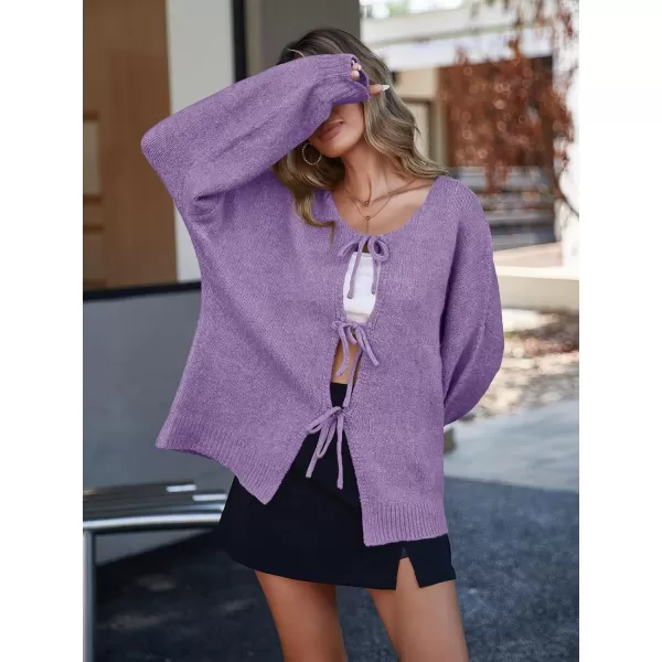 imageSaodimallsu Womens Tie Front Cardigan Sweaters Cute Bow Puff Long Sleeve 2024 Fall Loose Ribbed Knit Trendy Sweater TopsPurple