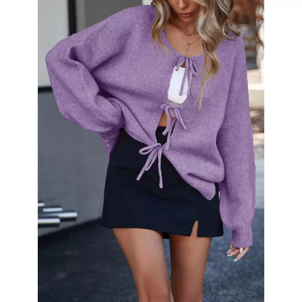 imageSaodimallsu Womens Tie Front Cardigan Sweaters Cute Bow Puff Long Sleeve 2024 Fall Loose Ribbed Knit Trendy Sweater TopsPurple