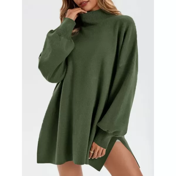 imageSaodimallsu Womens Turtleneck Oversized Sweaters Puff Sleeve Side Slit Casual Knit Tunic Pullover TopsArmy Green